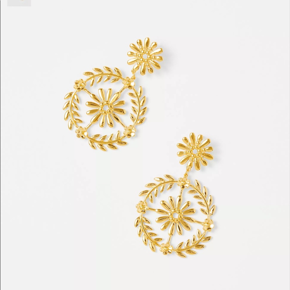 New ANN TAYLOR Flower Burst Statement Drop Earrings Gold Color